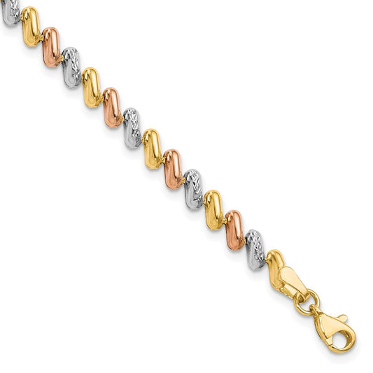 10k Tri-color Polished and D/C Fancy Link Bracelet 7.5  inches