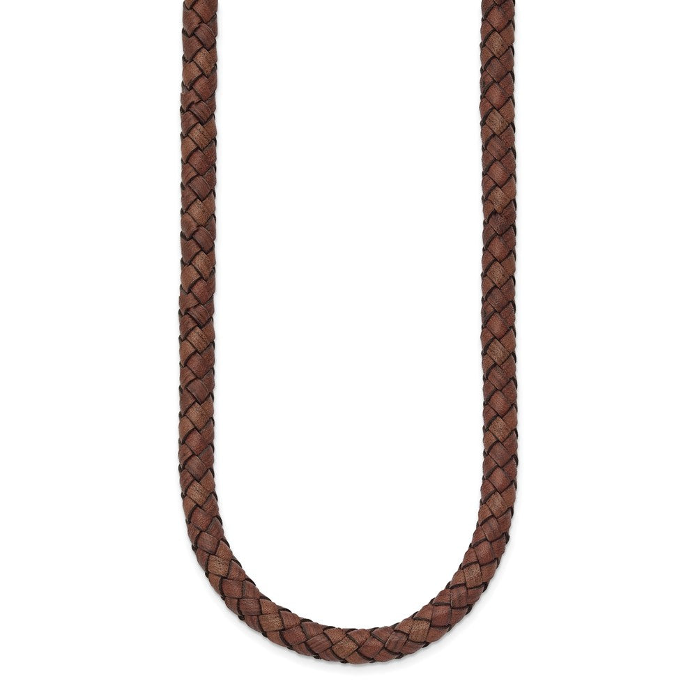 Stainless Steel Polished Woven Brown Leather 19.5in Necklace