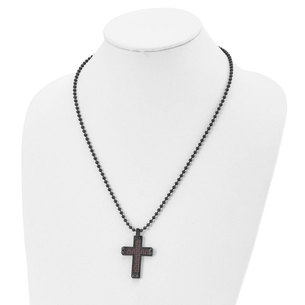 Stainless Steel Polished Black IP Blk/Red Carbon Fiber Inlay Cross Necklace