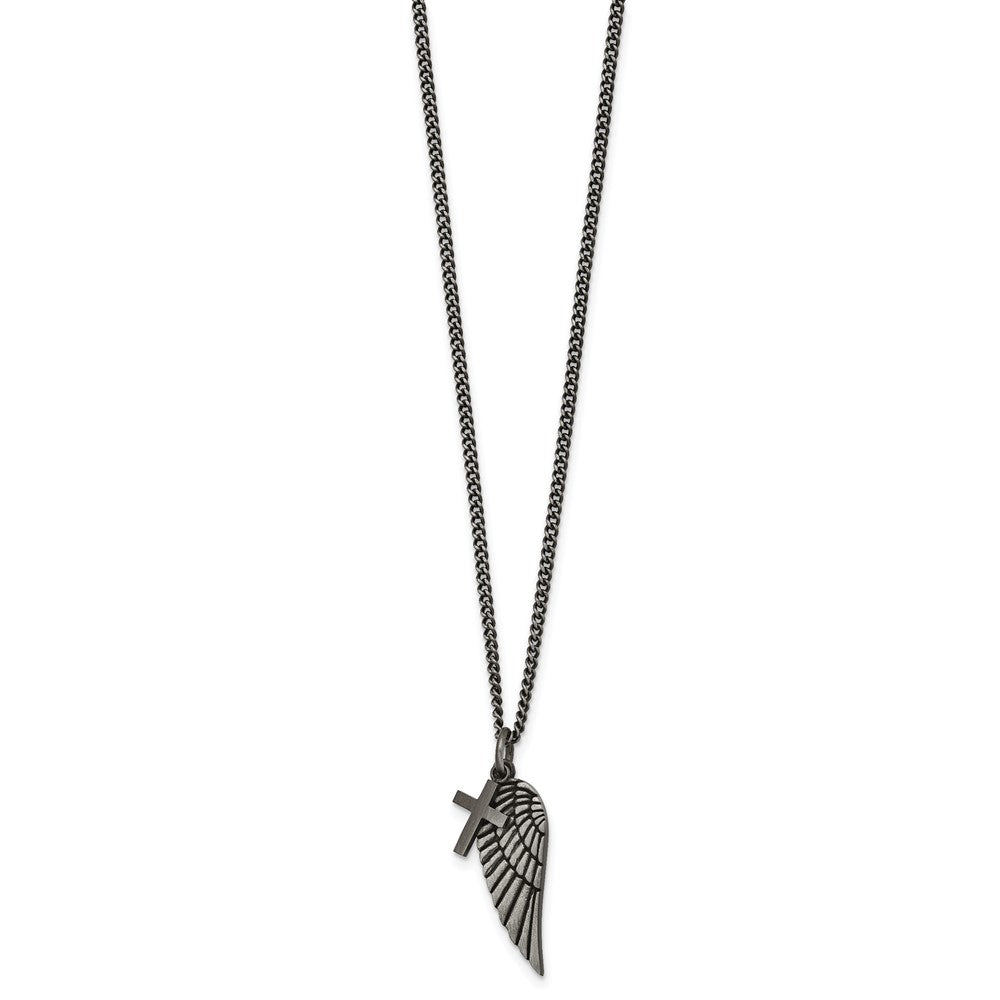 Stainless Steel Antiqued Wing and Cross 19.75in w/2in ext. Necklace
