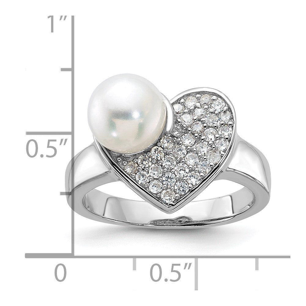 Sterling Silver Simulated Pearl and CZ Heart Ring