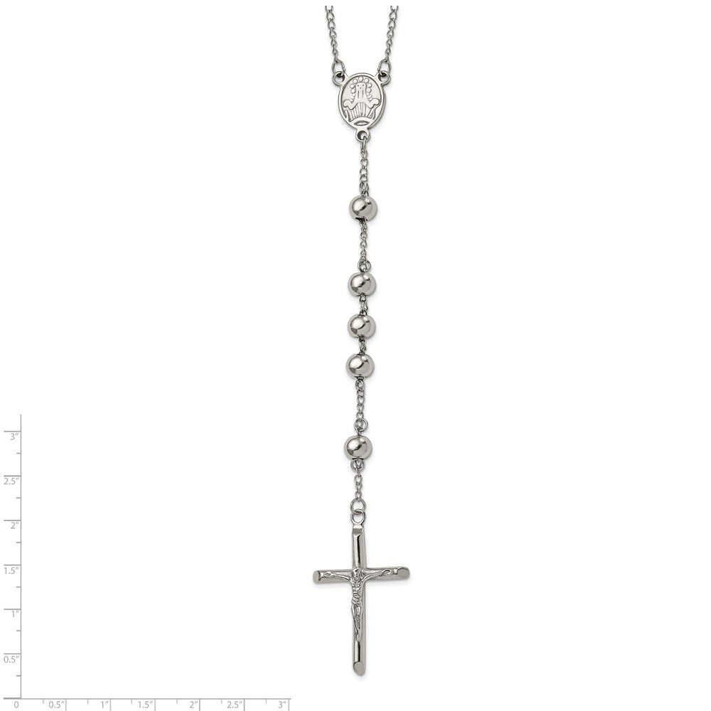 Stainless Steel Polished 8mm Beaded Rosary 32.5 inch Necklace