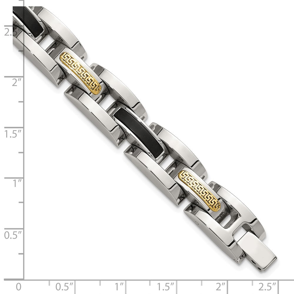 Chisel Stainless Steel Polished with 14K Gold Accent and Onyx 8.25 inch Link Bracelet 8.25 inches