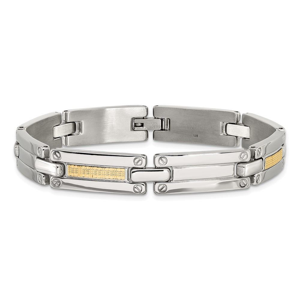 Chisel Stainless Steel Polished with 14K Gold Accent Basket Weave 8.5 inch Link Bracelet 8.5 inches