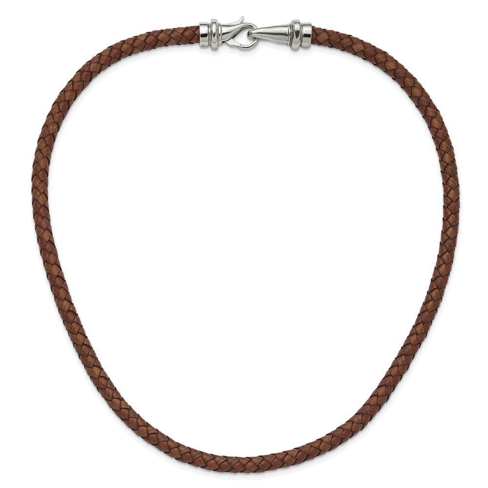 Stainless Steel Polished Woven Brown Leather 19.5in Necklace
