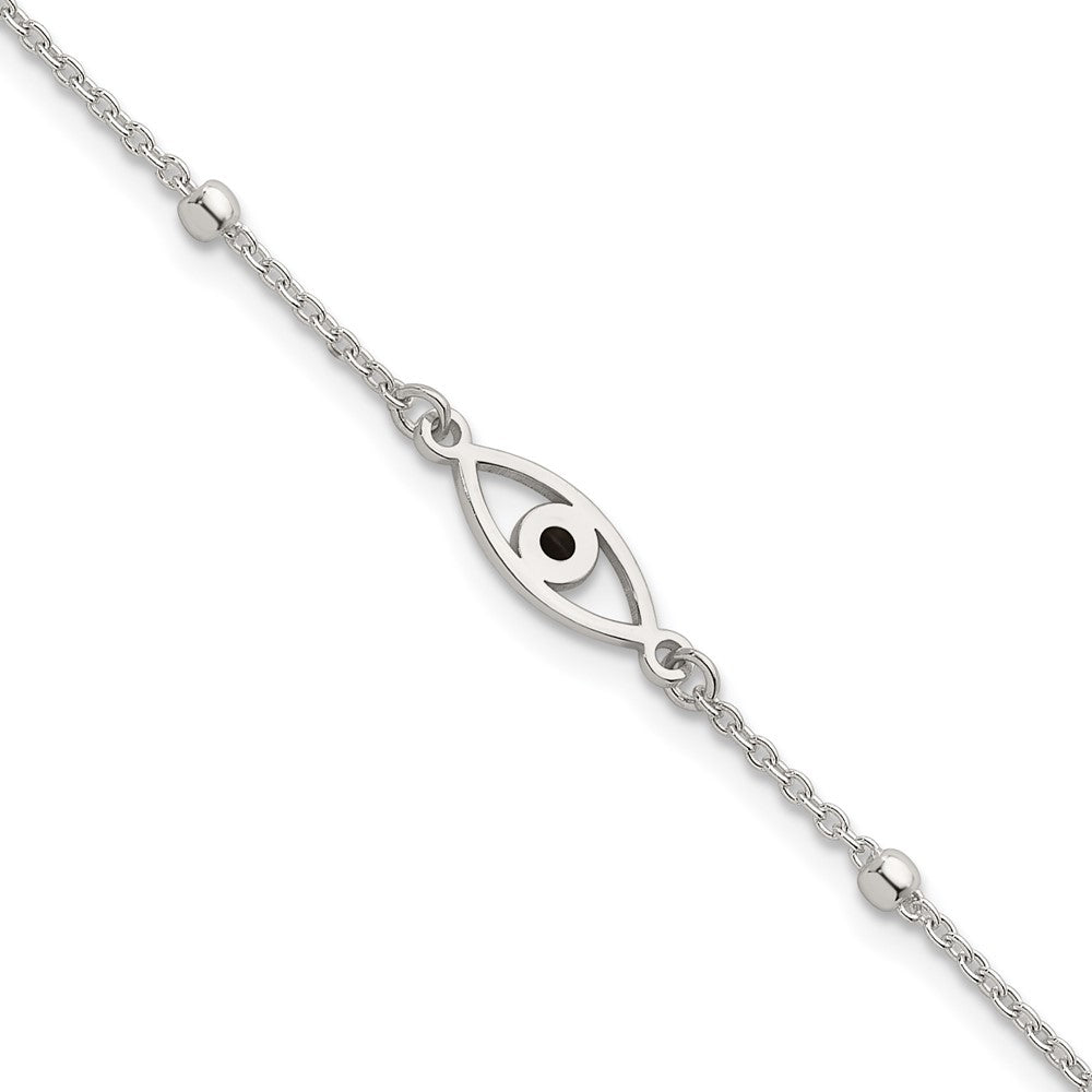 Sterling Silver Polished Beaded Black Enamel Evil Eye 7 inch with 1 inch Extension Bracelet