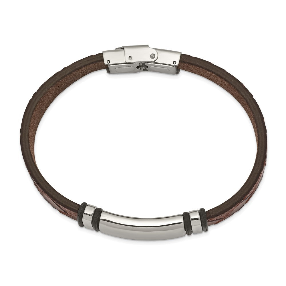 Stainless Steel Polished Brown Faux Leather w/ Black Rubber ID Bracelet 8.25 inches