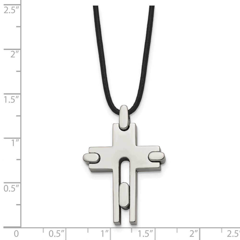 Titanium Polished Cross Leather Cord 18in Necklace