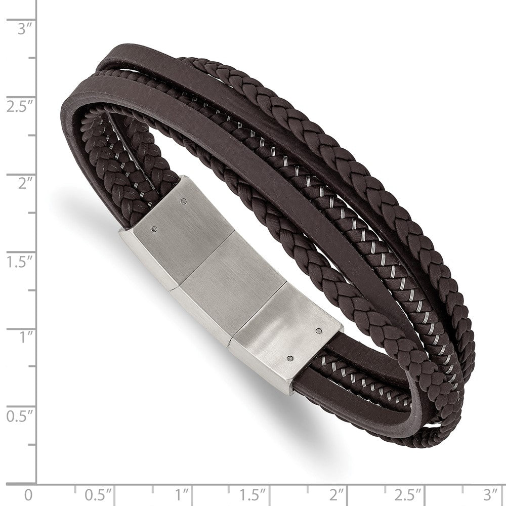 Stainless Steel Brushed Brown Braided Leather & Wire w/.5in ext Bracelet