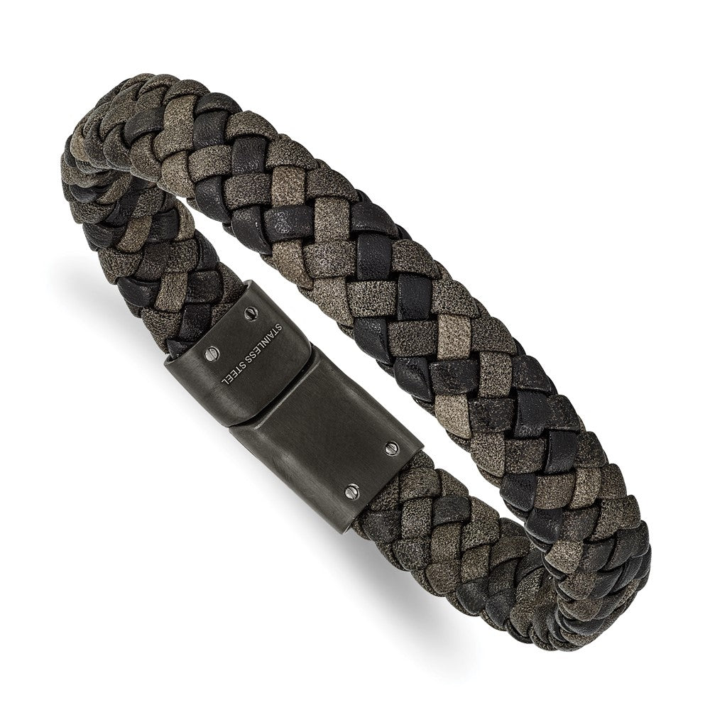 Stainless Steel Brushed Gun Metal IP-plated Brown Leather 8.25in Bracelet 8.25 inches