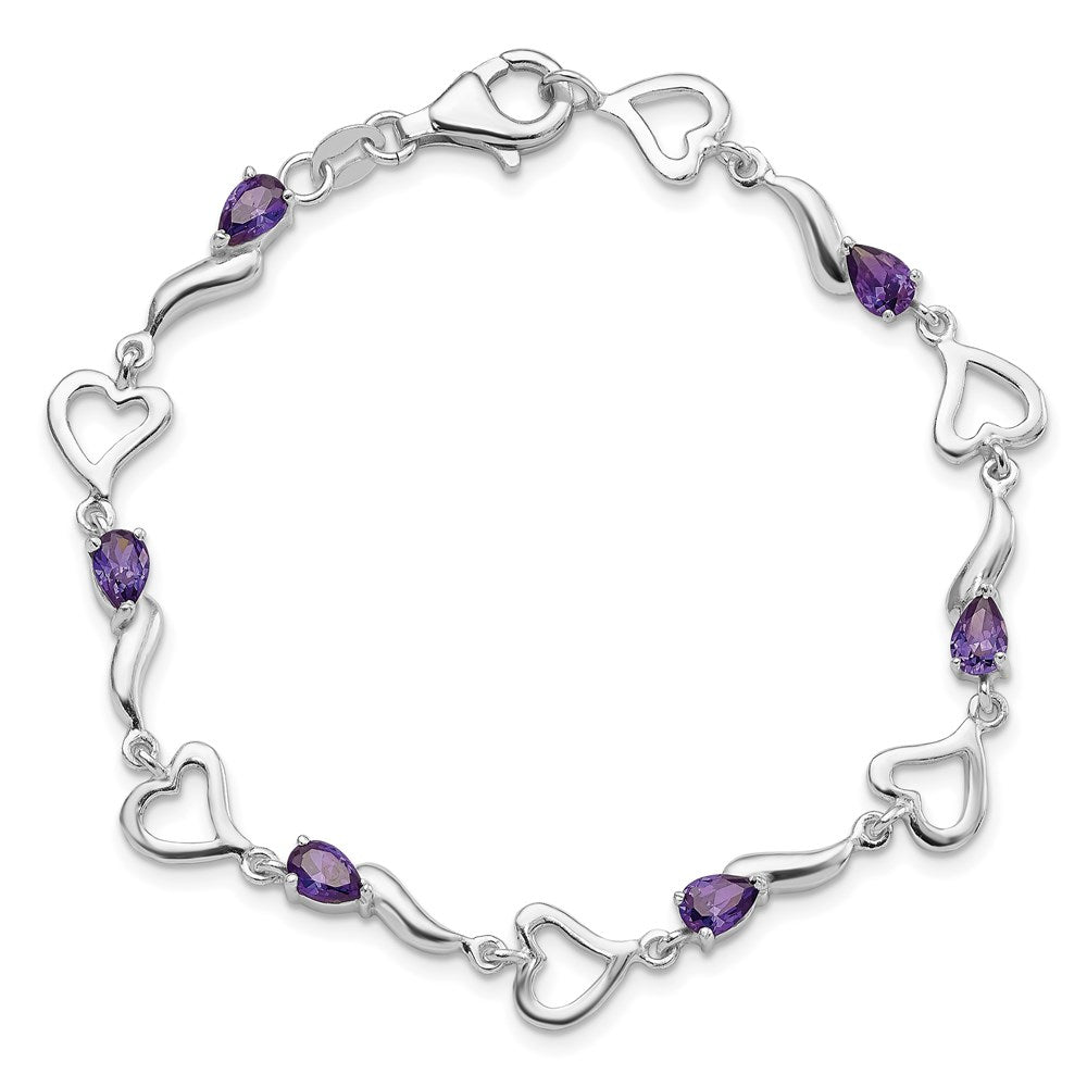 Sterling Silver Rhodium-plated Amethyst Polished Fancy Heart Bracelet 7 inches