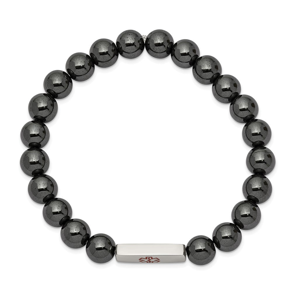 Stainless Steel Polished Enamel Medical ID Plate Hematite Stretch Bracelet