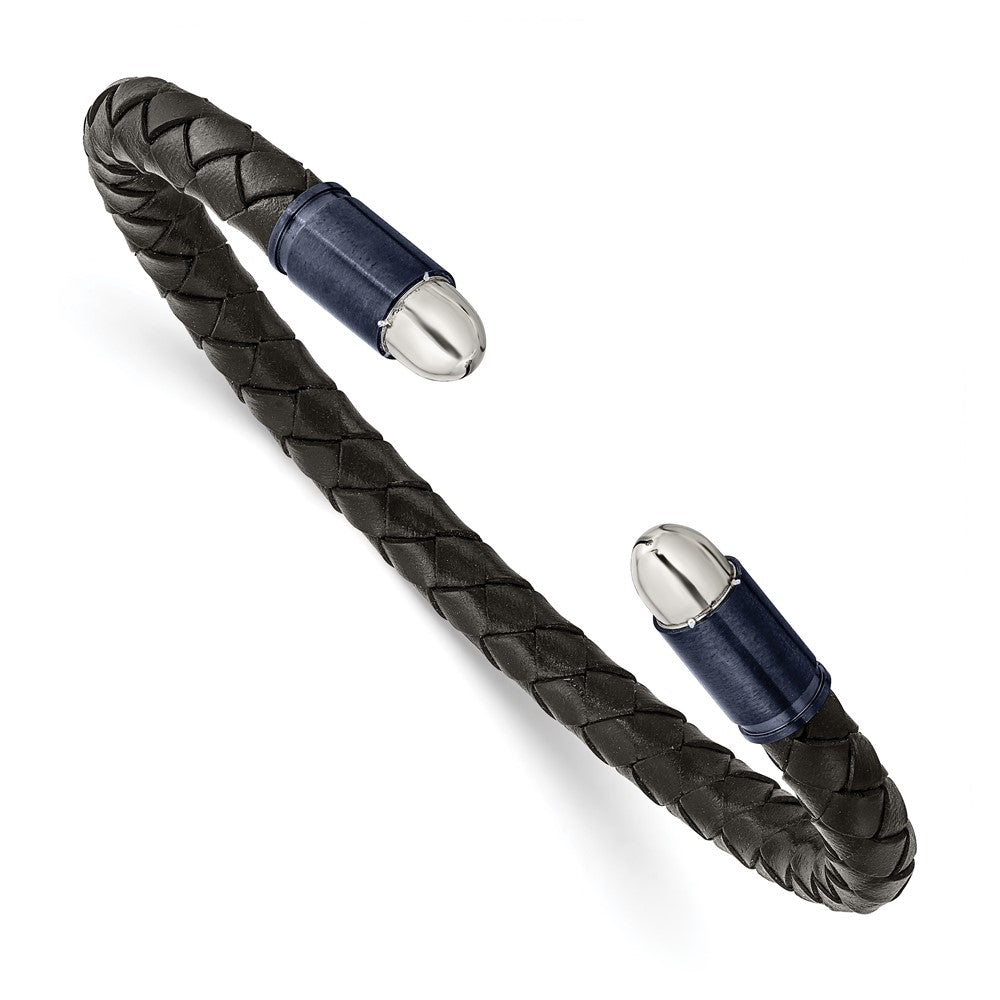 Stainless Steel Brushed &Polished Dark Grey IP Blk Leather Flexible Bangle 7.25 inches