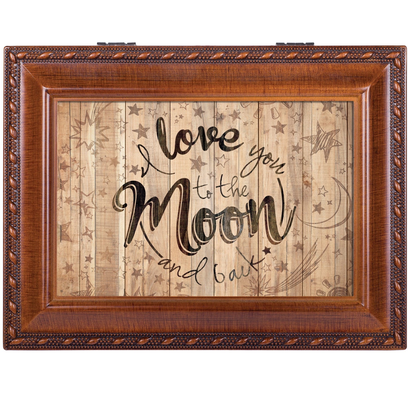 Cottage Garden Love You to The Moon and Back Woodgrain Rope Trim Jewelry Music Box Plays Wonderful World