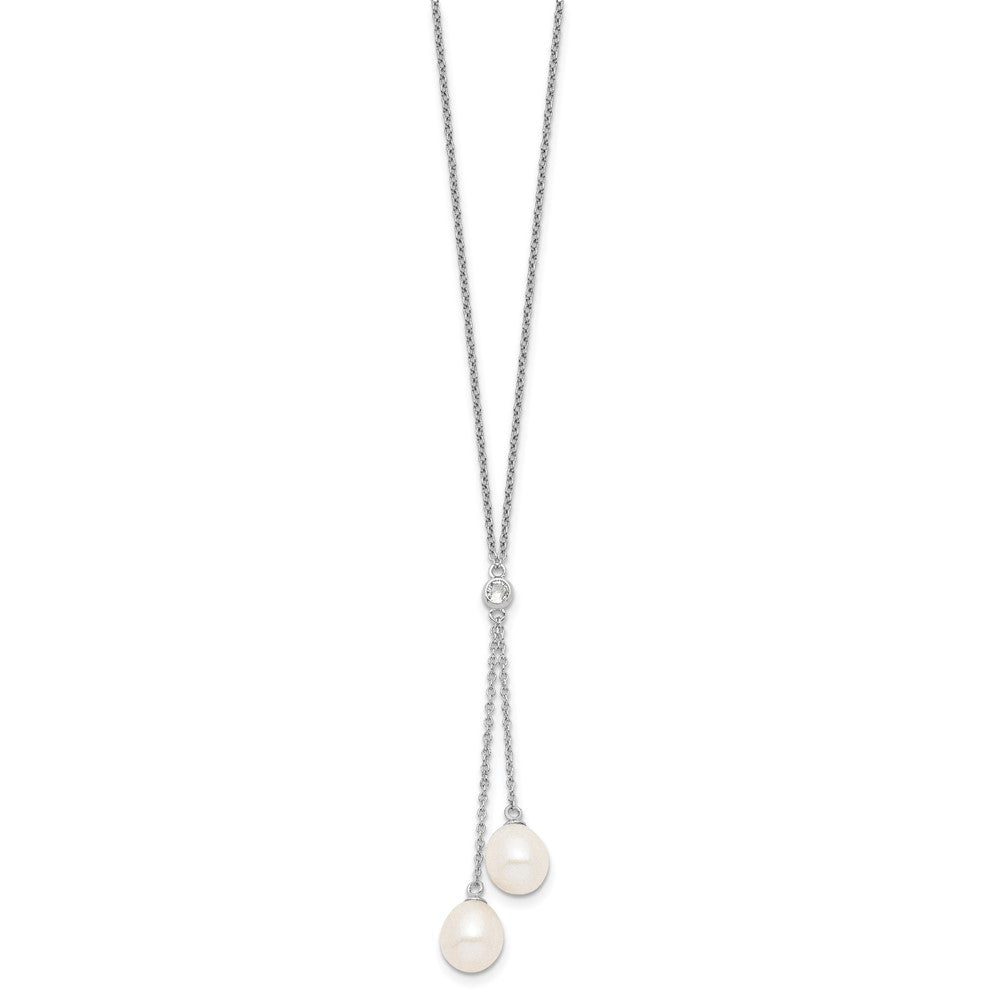 Sterling Silver Rhodium-plated 8-9mm White Rice Freshwater Cultured Pearl and CZ Dangle 18 inch Necklace 18 Inches