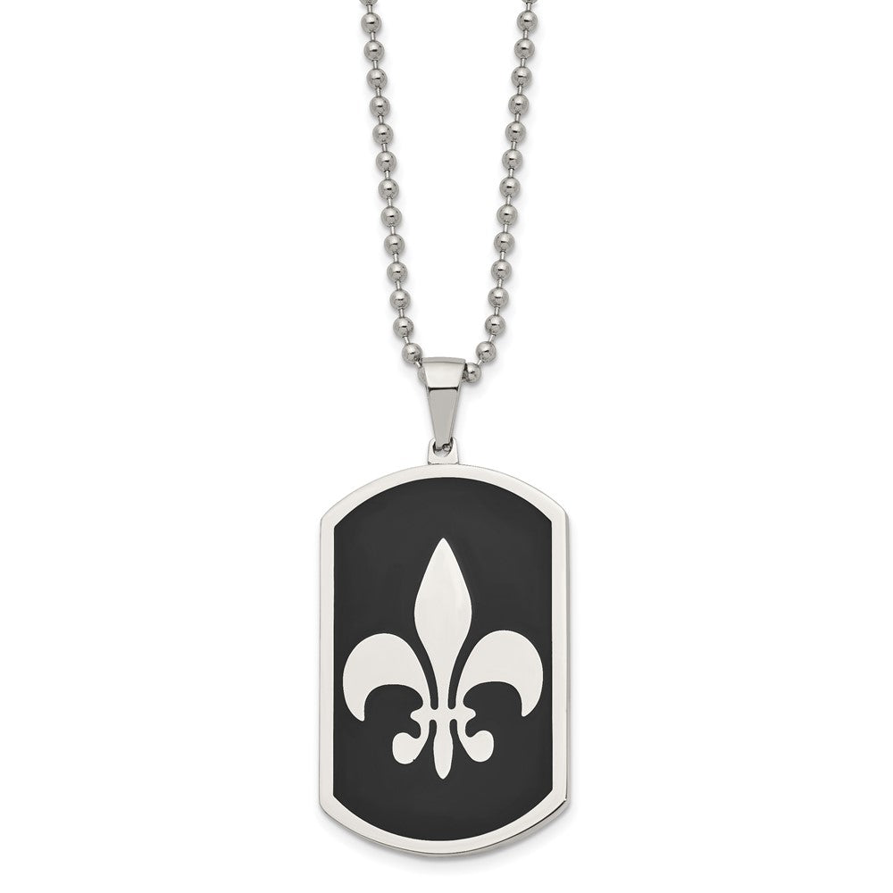 Stainless Steel Polished Black IP-plated Fleur de lis Dog Tag 24in Necklace