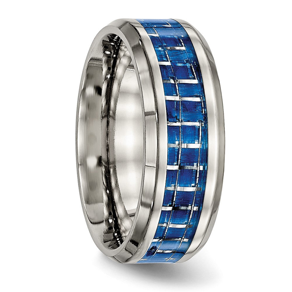 Titanium Polished with Blue/White Carbon Fiber Inlay 8mm Ring Size - 11.5