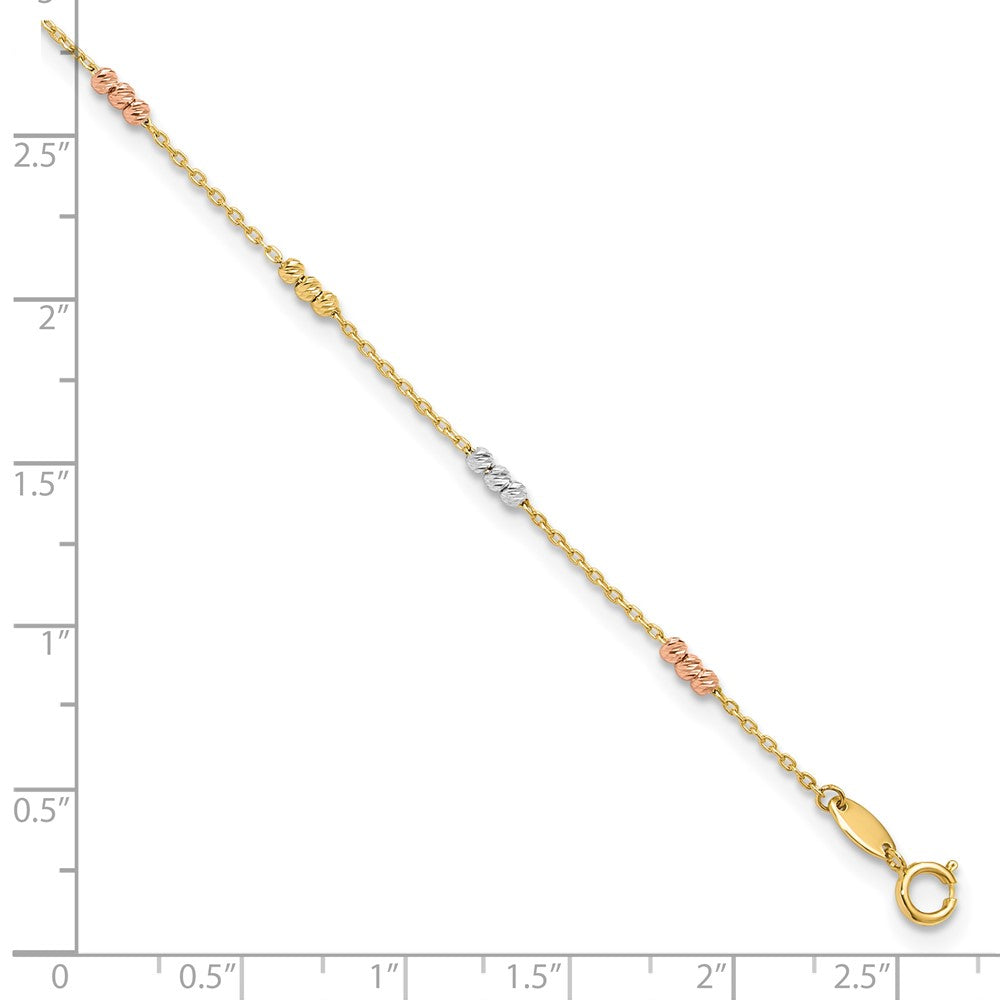 10K Tri-color Polished with D/C Bead 9in Plus 1in. ext. Anklet