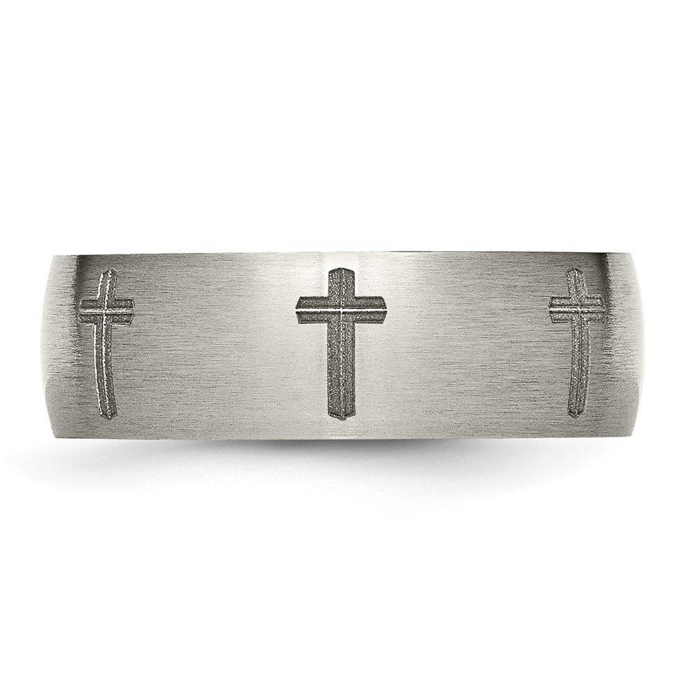 Titanium Brushed Cross Laser Design 8mm Band Size - 7