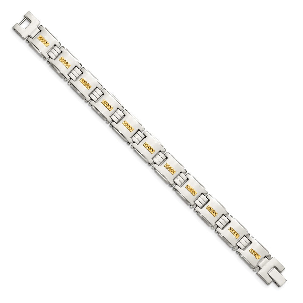 Stainless Steel with Diamond-cut 14k Inlay 8in Polished Link Bracelet 8 inches
