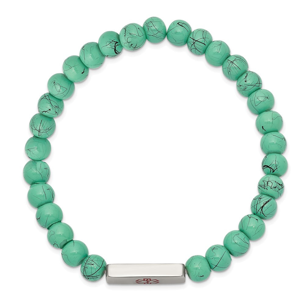 Stainless Steel Polished Enamel Medical ID Turquoise Glass Stretch Bracelet