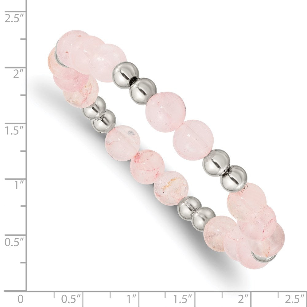 Stainless Steel Polished Pink Quartz Beaded Stretch Bracelet 6.75 inches