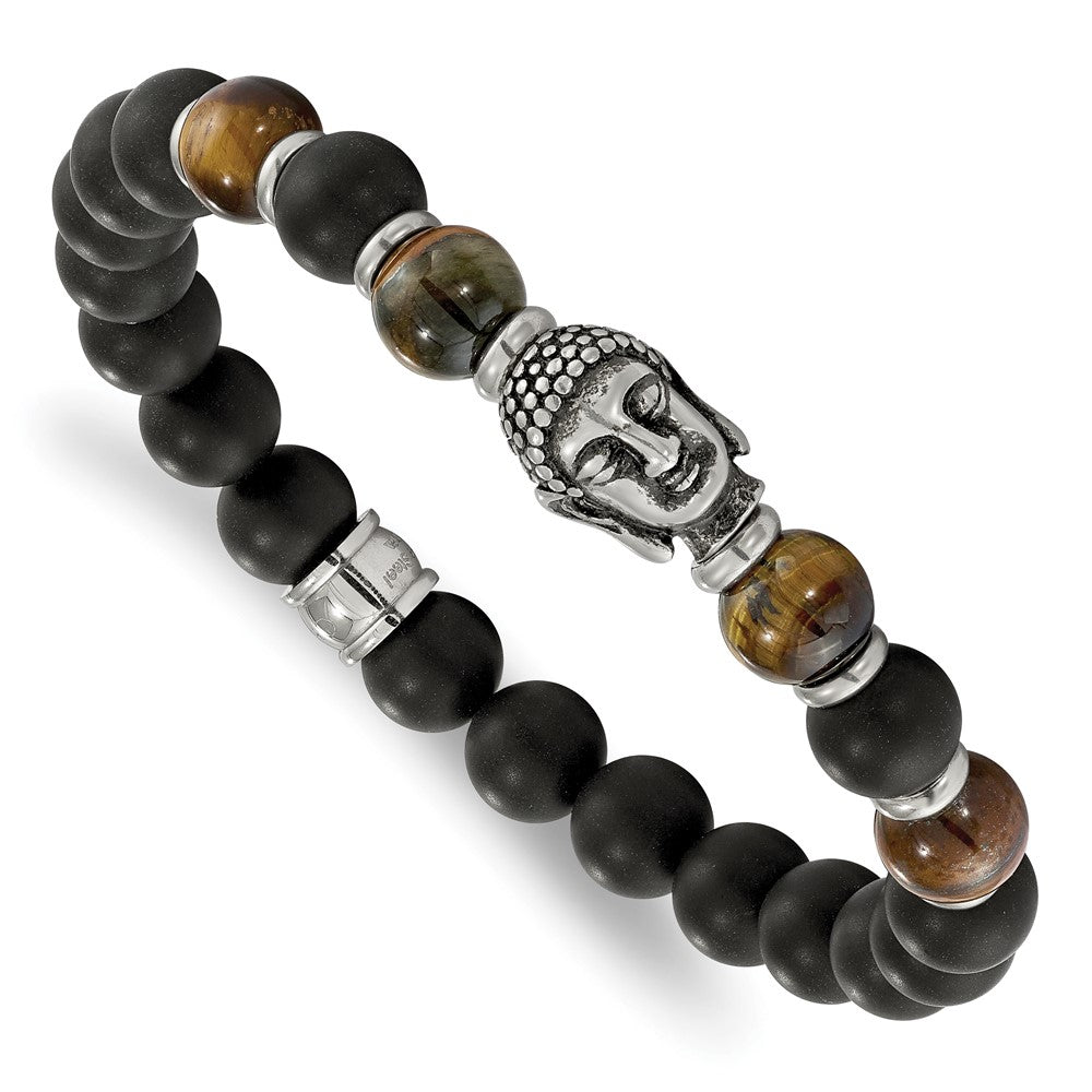 Stainless Steel Antiqued Buddha Black Agate Tiger Eye Stretch Bracelet 7.25 inches