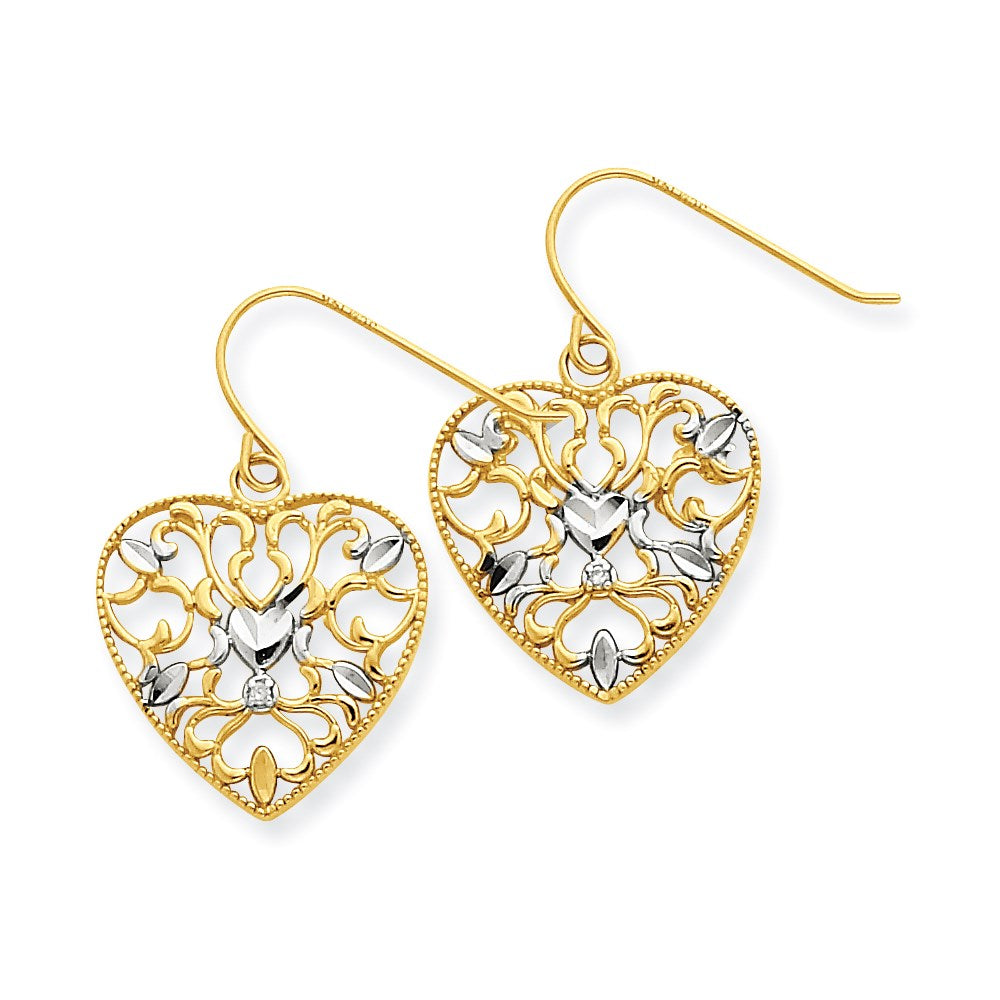 14K & Rhodium .01ct Diamond Filigree Heart Wire Earrings