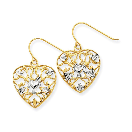 14K & Rhodium .01ct Diamond Filigree Heart Wire Earrings