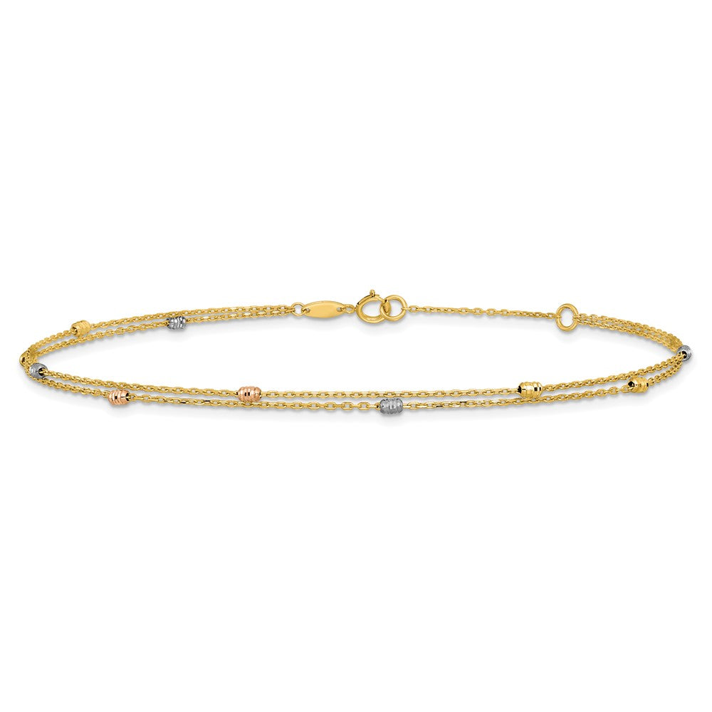 14K Tri-color Polish/Dia-cut 2-Strand 9in Plus 1in ext. Anklet
