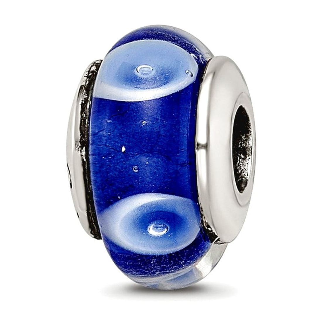Kids Collection Sterling Silver Hand-blown Blue with White Dots Pattern Glass Reflections Bead