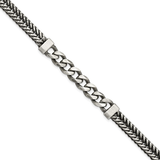 Sterling Silver Brushed Antiqued Wheat & Curb Chain Bracelet 8.5 inches