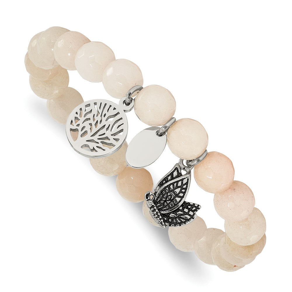 Stainless Steel Antiqued & Polished Butterfly White Jade Stretch Bracelet 6.25 inches