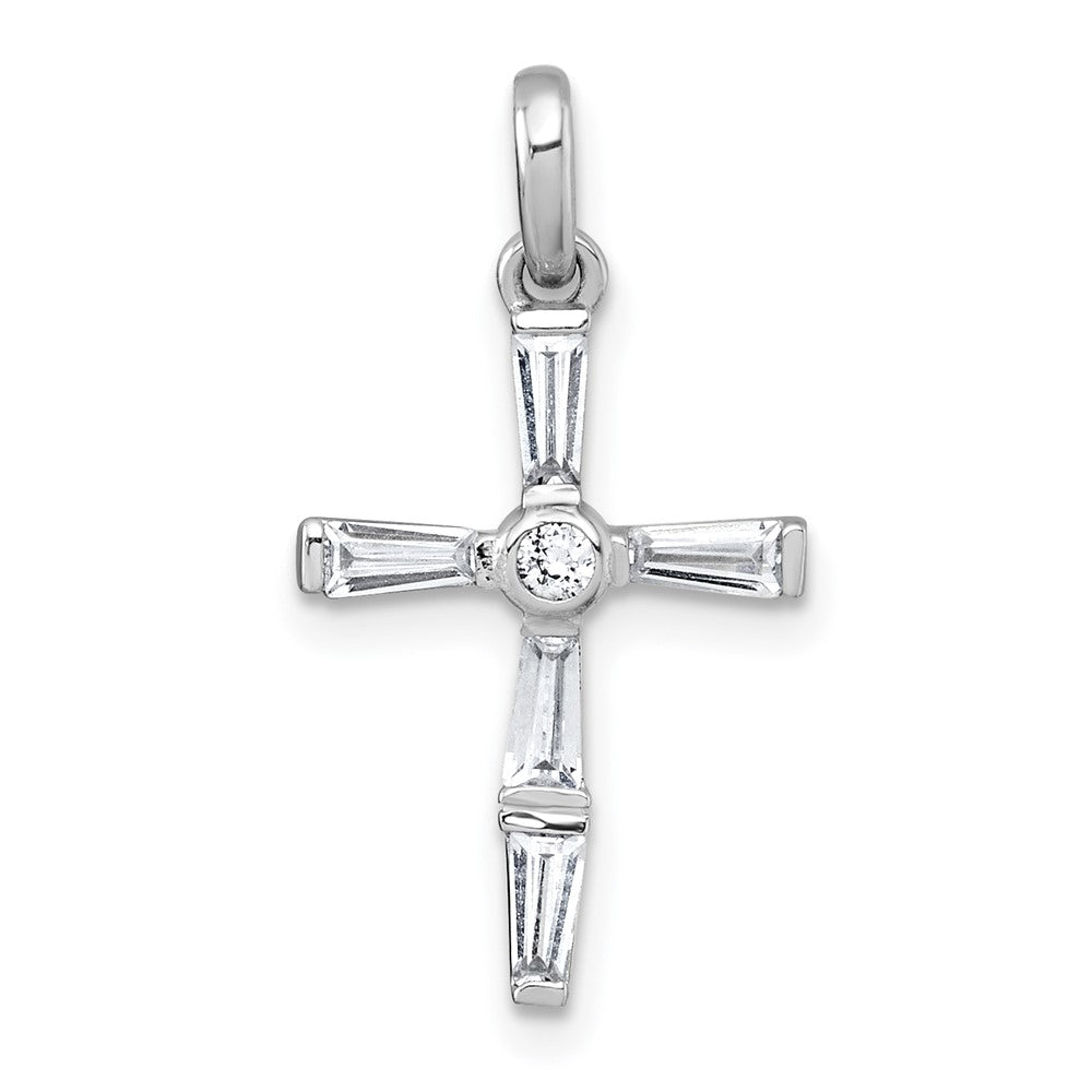 Sterling Silver Rhodium-plated Polished White Baguette CZ Cross Pendant
