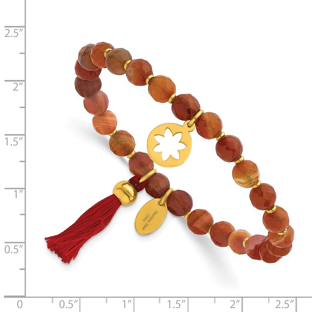 Stainless Steel Polished Yellow IP Flower Orange Agate Stretch Bracelet