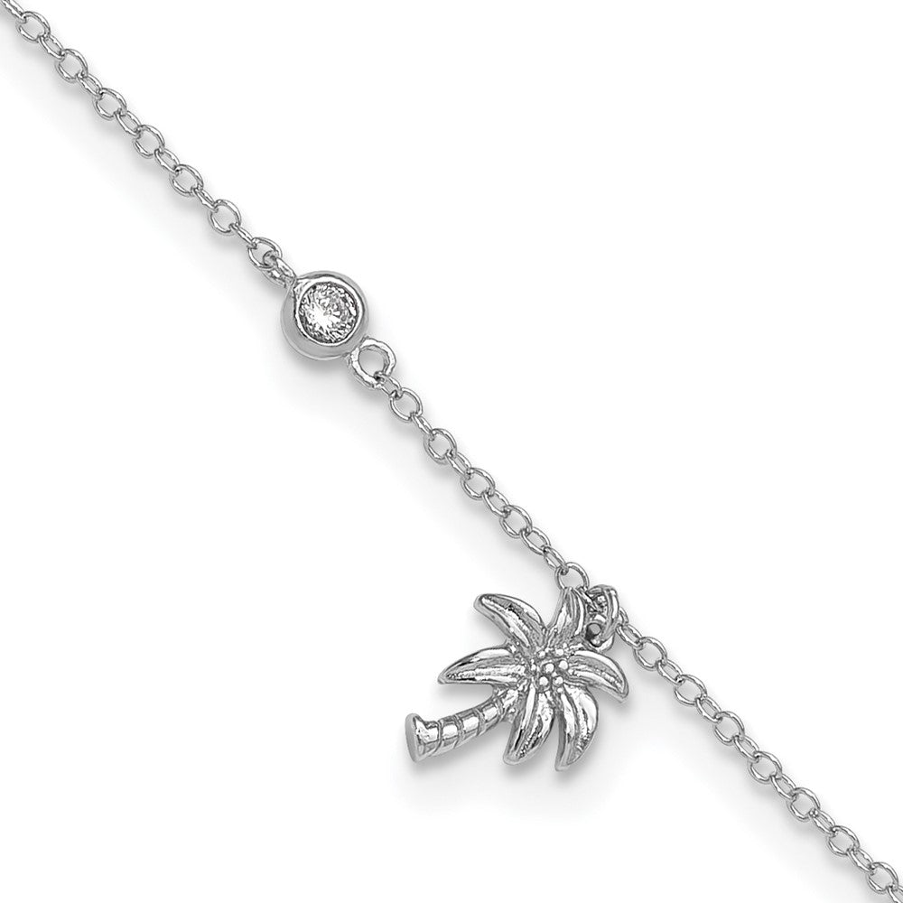 Sterling Silver Rhodium-plated CZ and Palm Tree 9in Plus 1in Ext. Anklet 9 inches