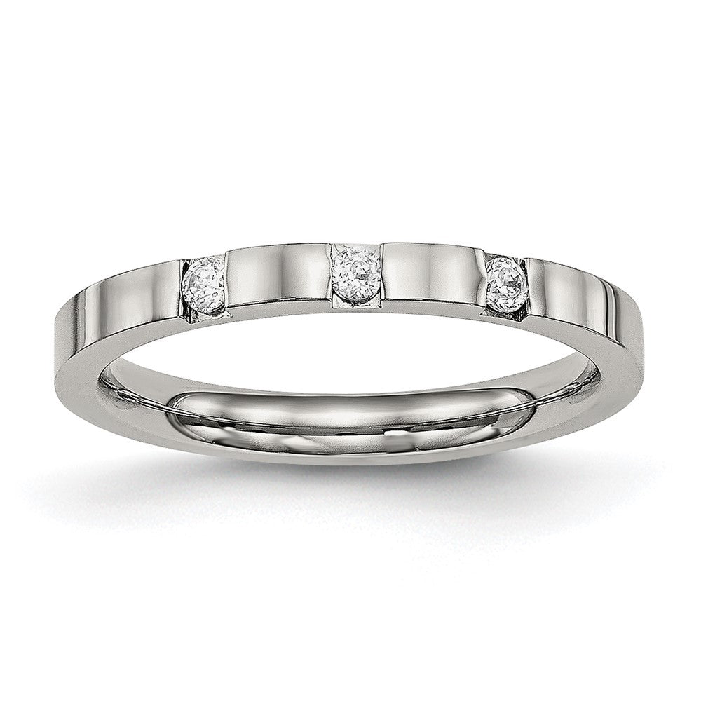 Stainless Steel Polished 3 Stone CZ 2.5mm Flat Band Size - 9