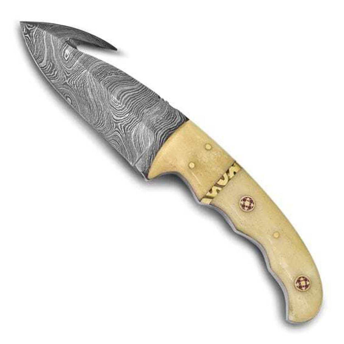 Luxury Giftware Damascus Steel 256 Layer Fixed Blade with Gut Hook Camel Bone Handle Knife with Leather Sheath and Gift Box QKN31300