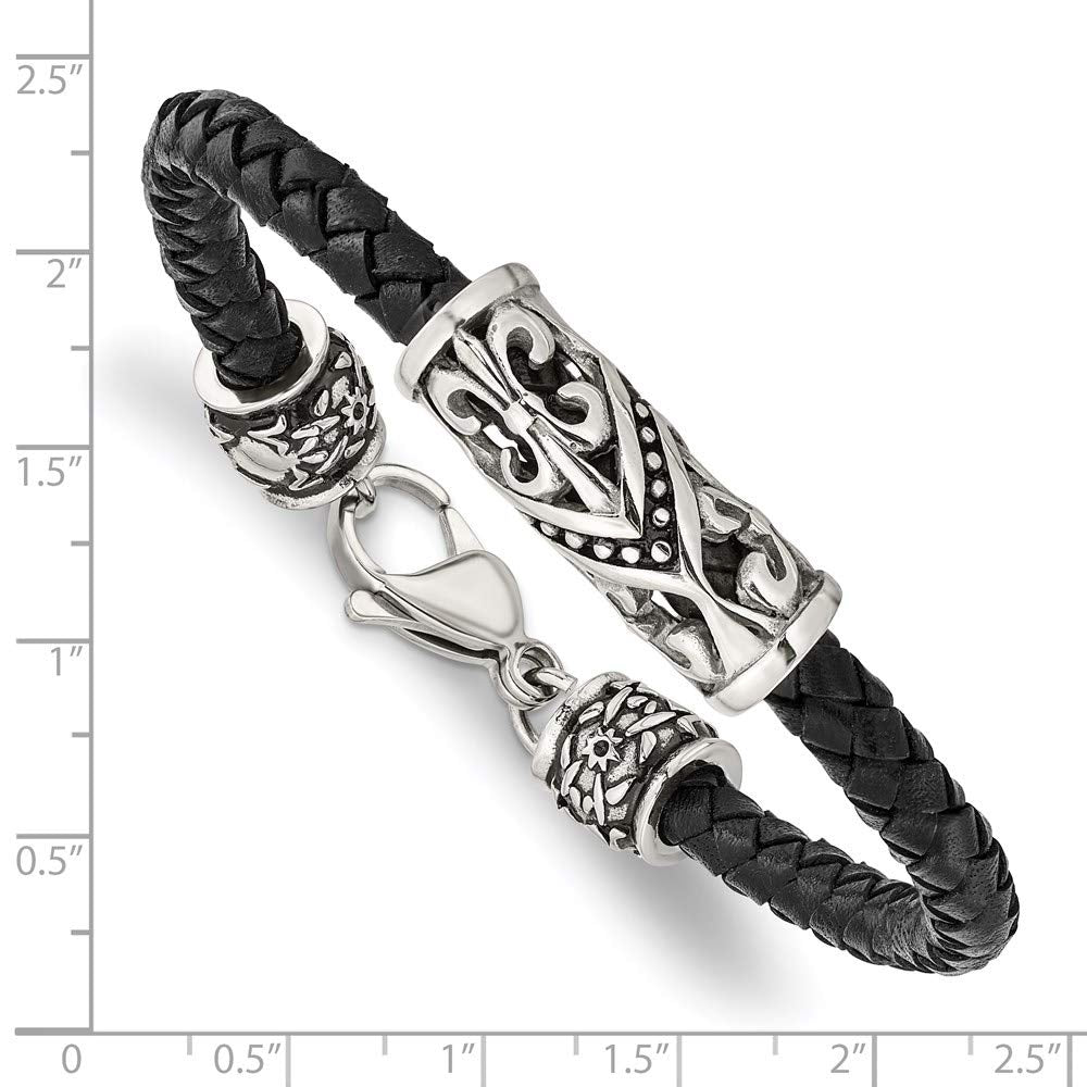 Stainless Steel Antiqued & Polished Fleur De Lis Black Leather Bracelet 8.5 inches