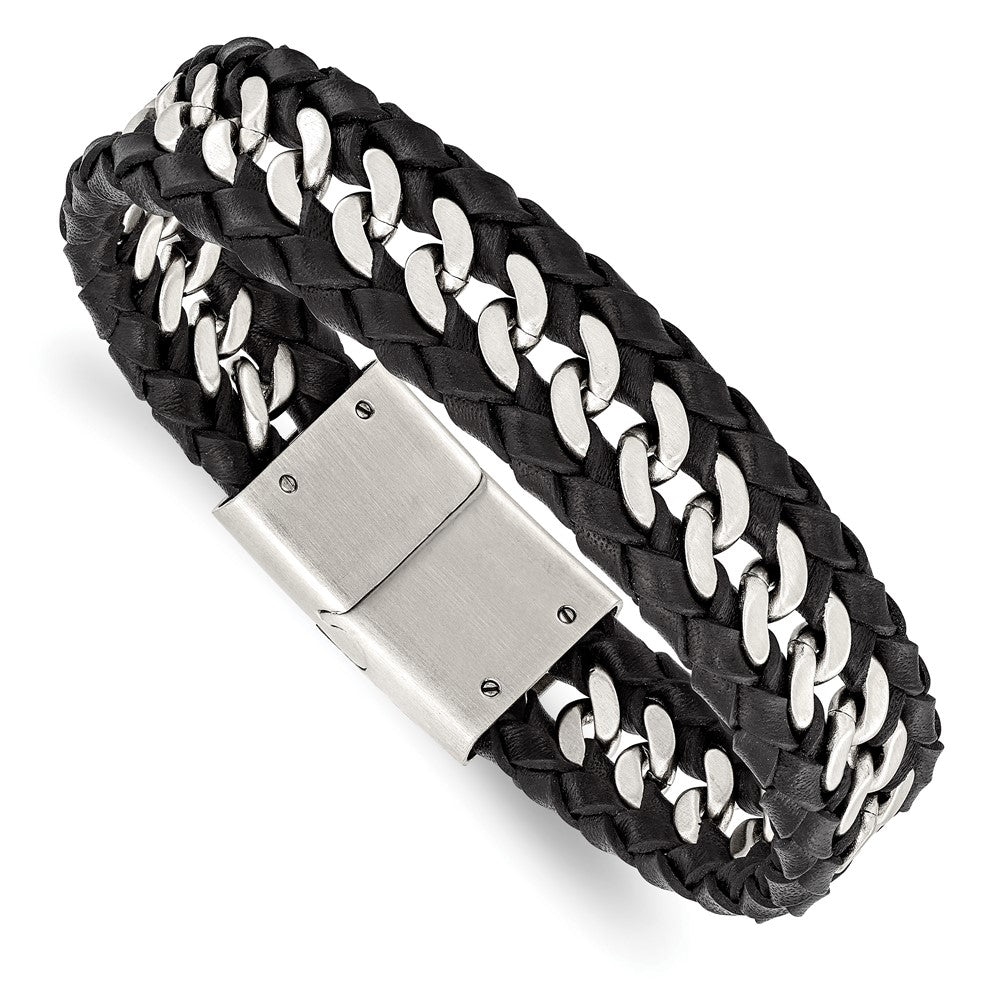Stainless Steel Brushed Black Leather 8.5in Bracelet 8.5 inches