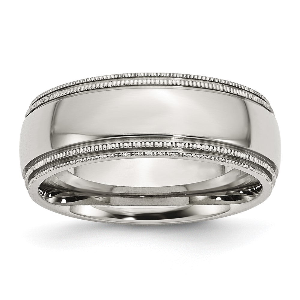 Stainless Steel Polished 8mm Grooved and Beaded Band Size - 10