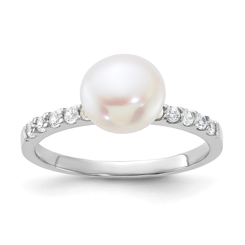 Sterling Silver Rhodium-plated FW Cultured Pearl and CZ Ring