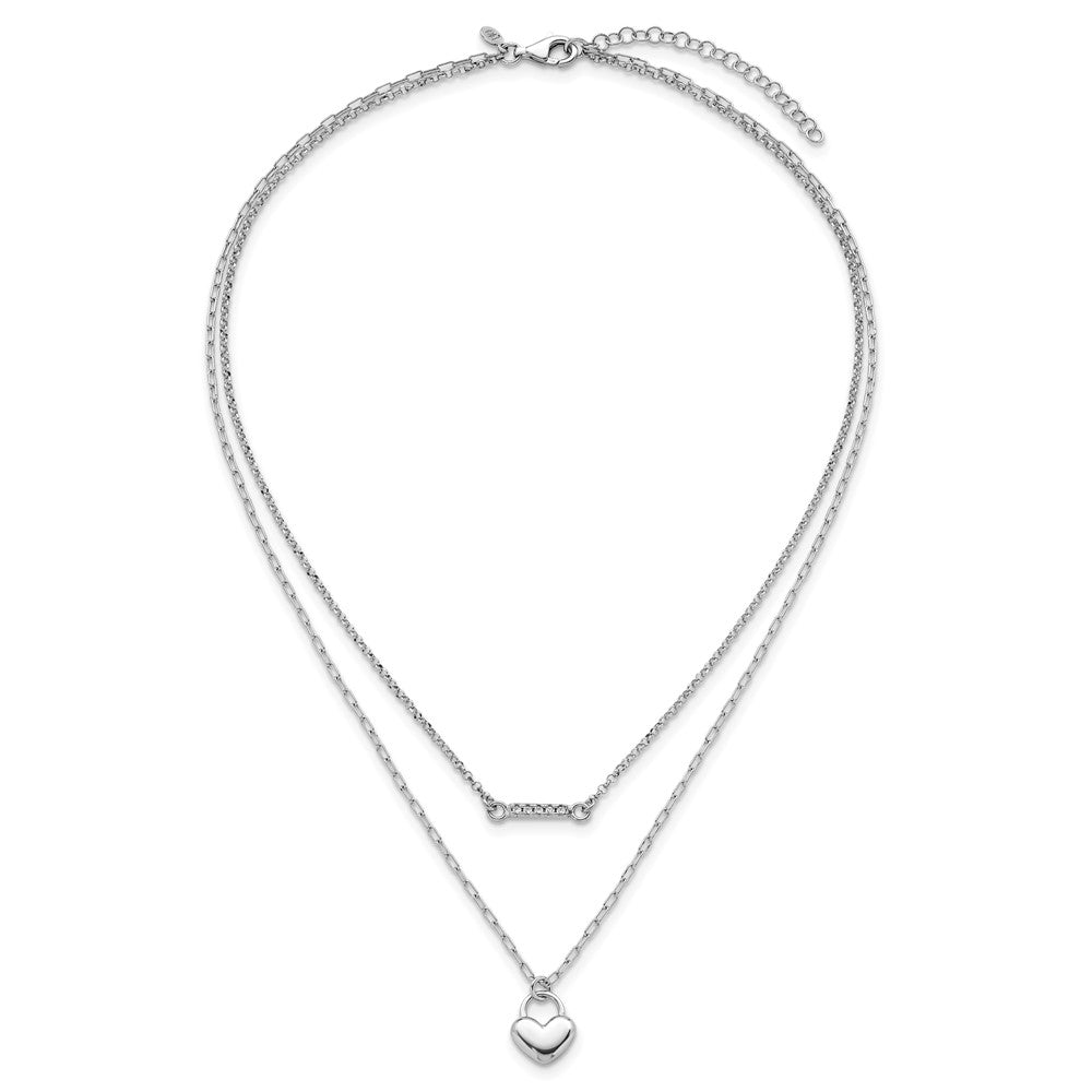 Sterling Silver Rhodium-plated CZ Puffed Heart 16 inch with 2 inch extender 2-strand Necklace 16 Inches