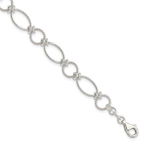 Sterling Silver Polished Textured Fancy Circle and Oval Link Bracelet 7.5 inches