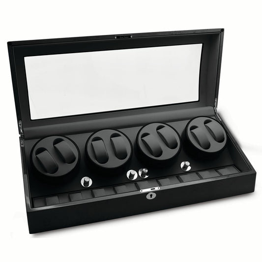 Rotations High Gloss Black Finish with Acrylic Window Faux Leather Lined Locking Wooden 8-Watch Winder with 9-Watch Storage Area (AC Powered) QGM13140