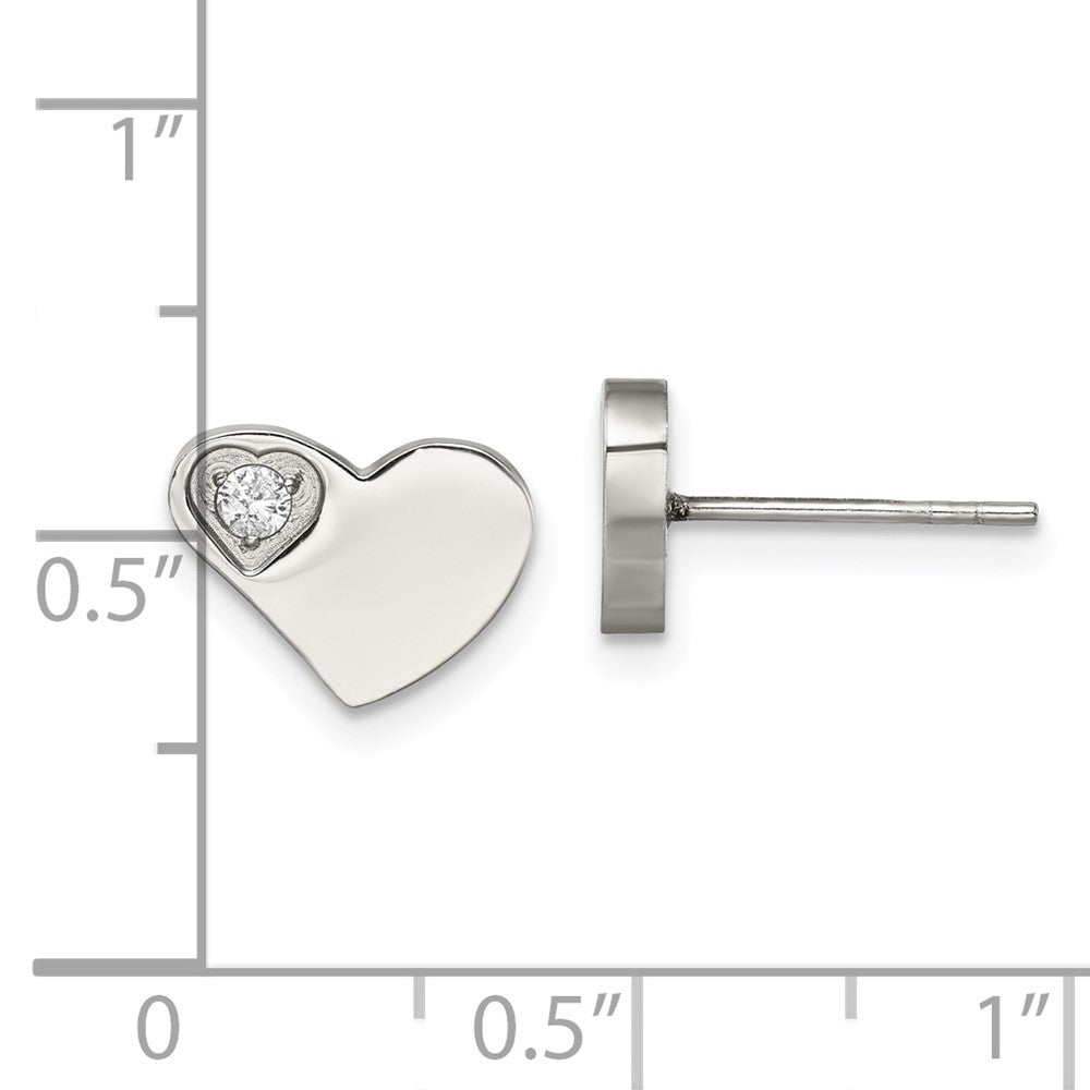 Stainless Steel Polished w/CZ Heart Post Earrings