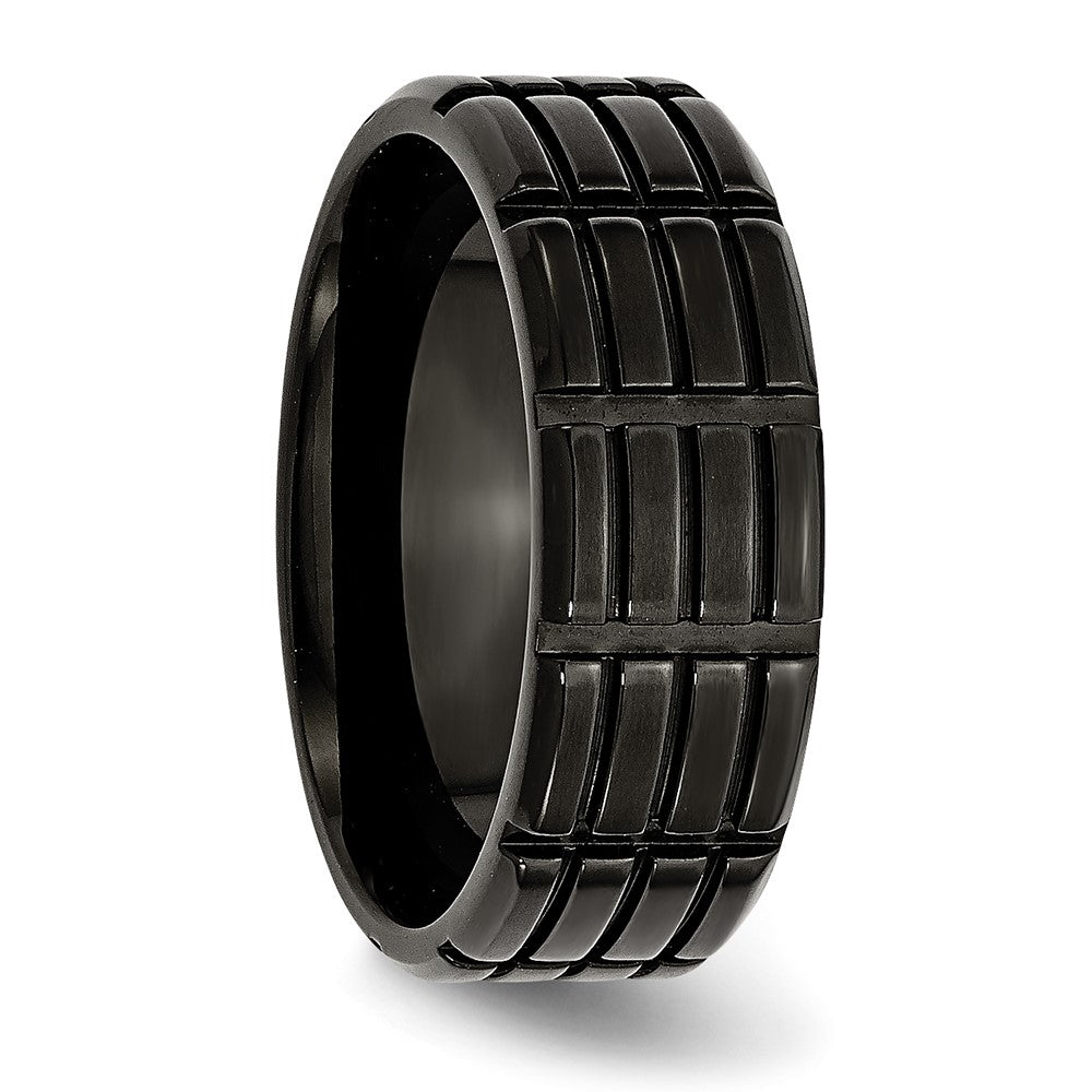 Stainless Steel Brushed Black IP-plated 8mm Grooved Band Size - 9