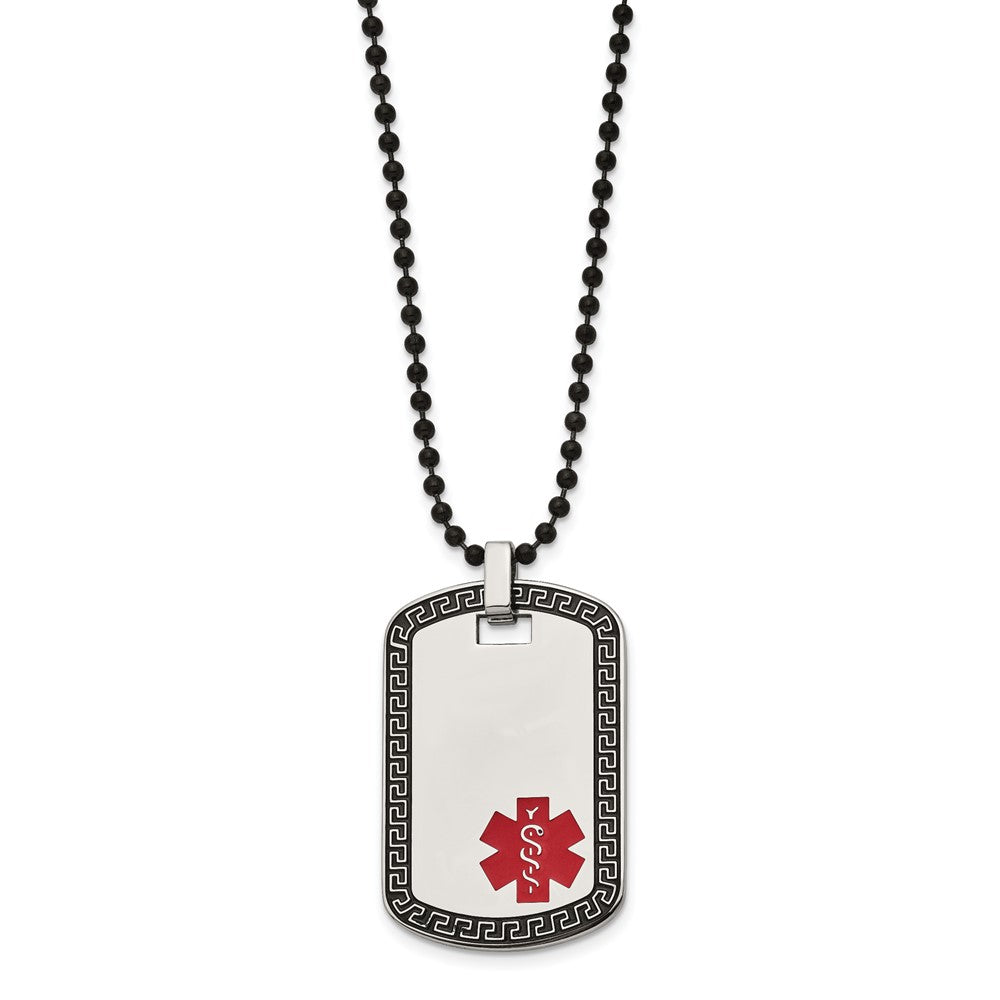 Stainless Steel Antiqued & Polished Greek Key Edge Medical ID Necklace