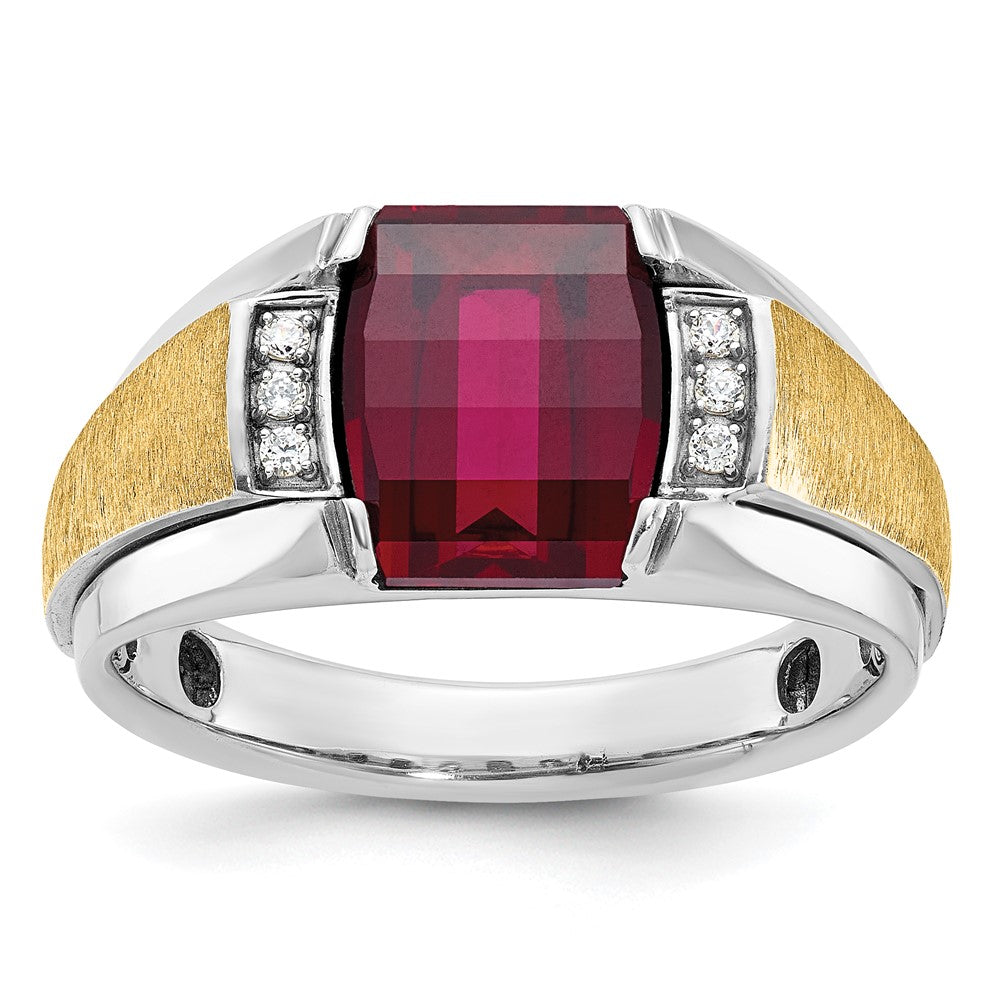14k Two-tone IBGoodman Men's Satin Created Ruby and 1/20 carat Diamond Complete Ring