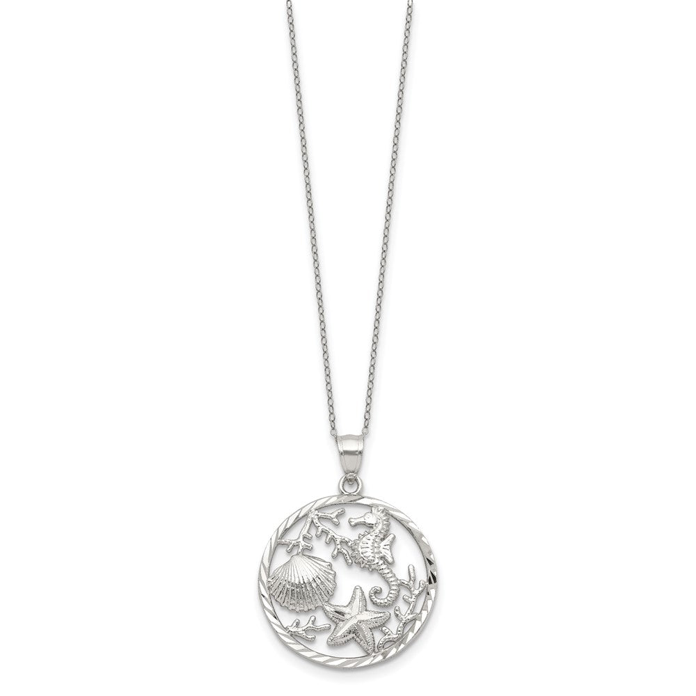 Sterling Silver Rhodium-plated Seahorse, Starfish and Shell Pendant 18 Inches